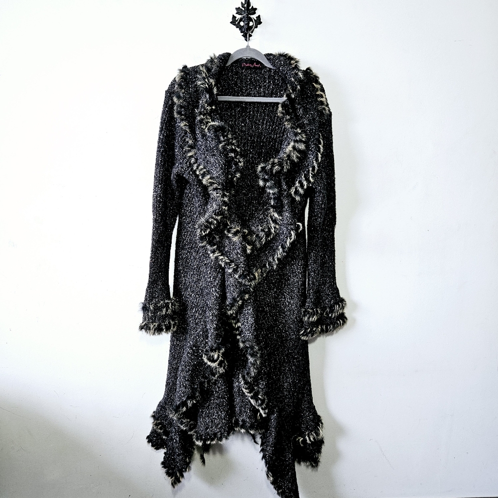 Pretty Angel Rabbit Fur Trimmed Cardigan Size L Wool Linen Blend Sweater